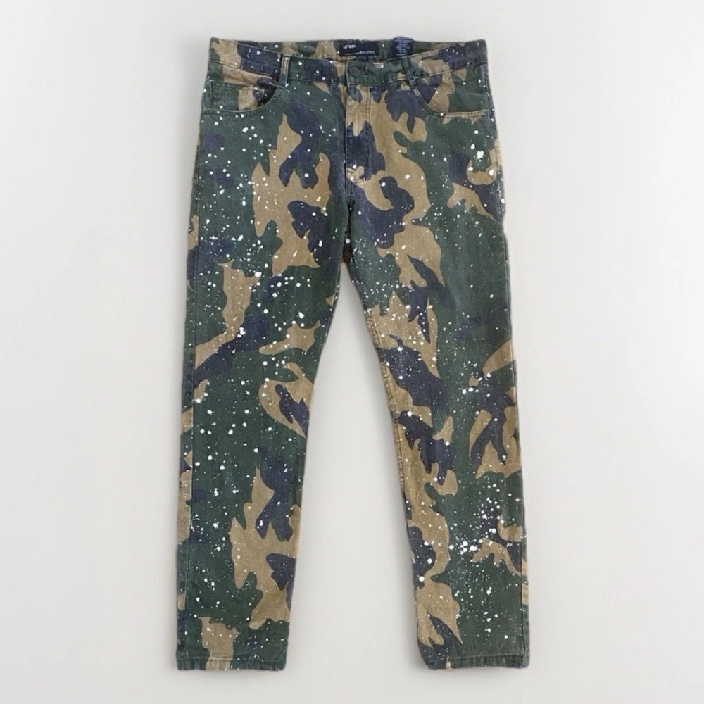 VTG Y2K Qruel Men's Cotton Camo Pants White Paint Splatter 38 Streetwear Hip Hop